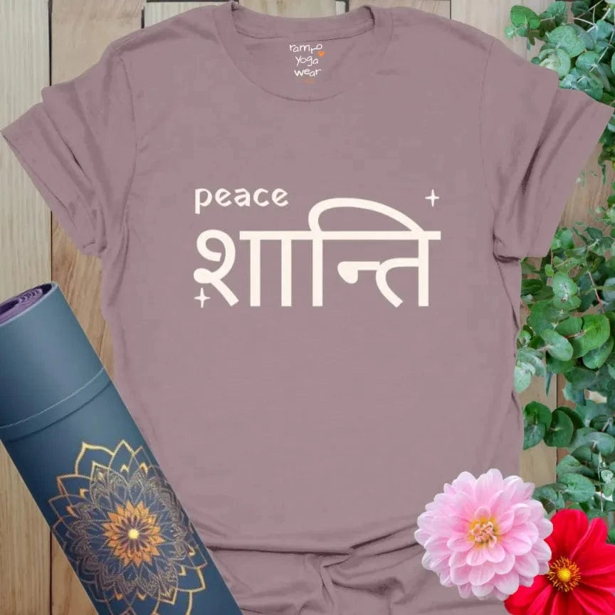 Paragon Shanti T-Shirt with elegant peace motif and Sanskrit word शान्ति. Ideal for mindful moments.