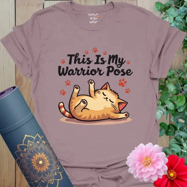 Paragon Sleepy Warrior Cat T-Shirt featuring lounging cat artwork and funny yoga warrior pose slogan.