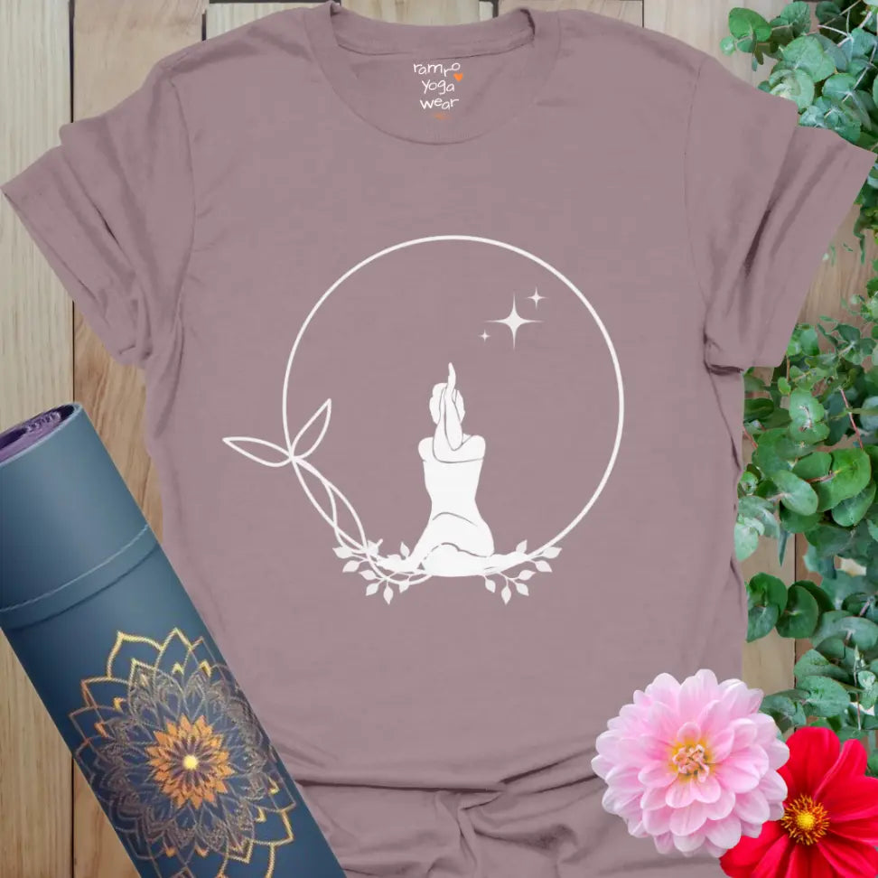 Paragon purple Solitude T-Shirt with white meditating silhouette inside a leafy circle and stars. Soft yoga tee for mindfulness and calm.