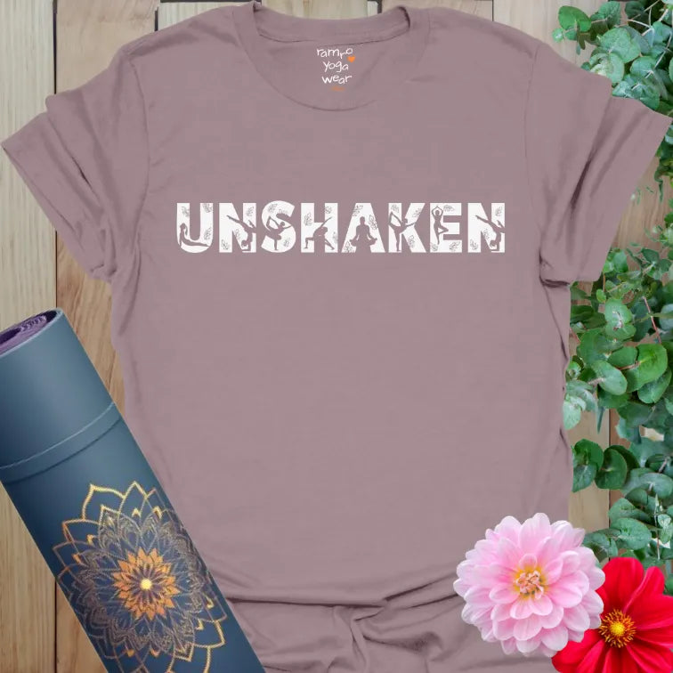 earthy vintage distressed yoga wordmark tee, mindful calm mantra on muted sage green Paragon shirt.