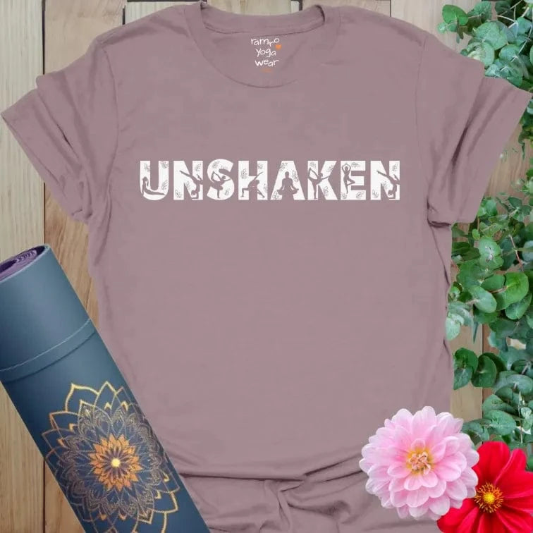 earthy vintage distressed yoga wordmark tee, mindful calm mantra on muted sage green Paragon shirt.