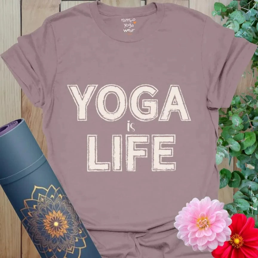 Paragon Yoga Life T-Shirt with distressed block text. Stylish yoga shirt for mindful practice, casual wear, and spiritual living.