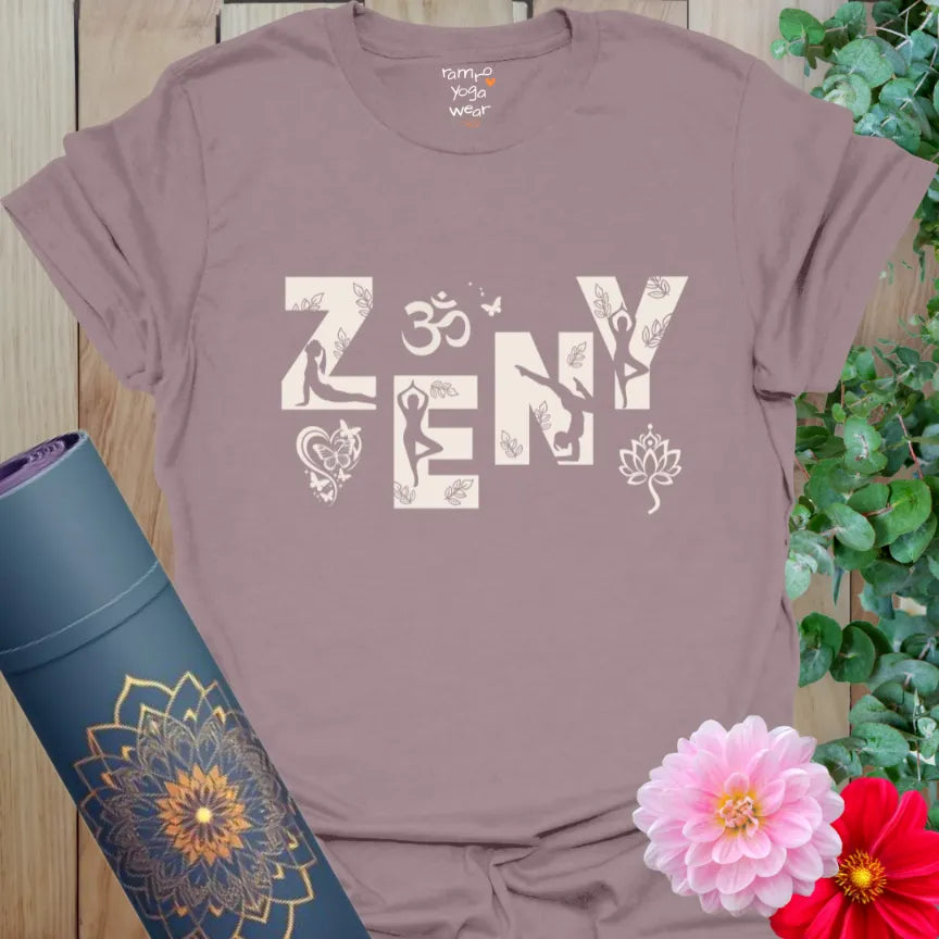 Paragon Zeny T-Shirt with soft spiritual silhouettes and botanical shapes inside ZENY lettering. Calm, elevated, and earthy.