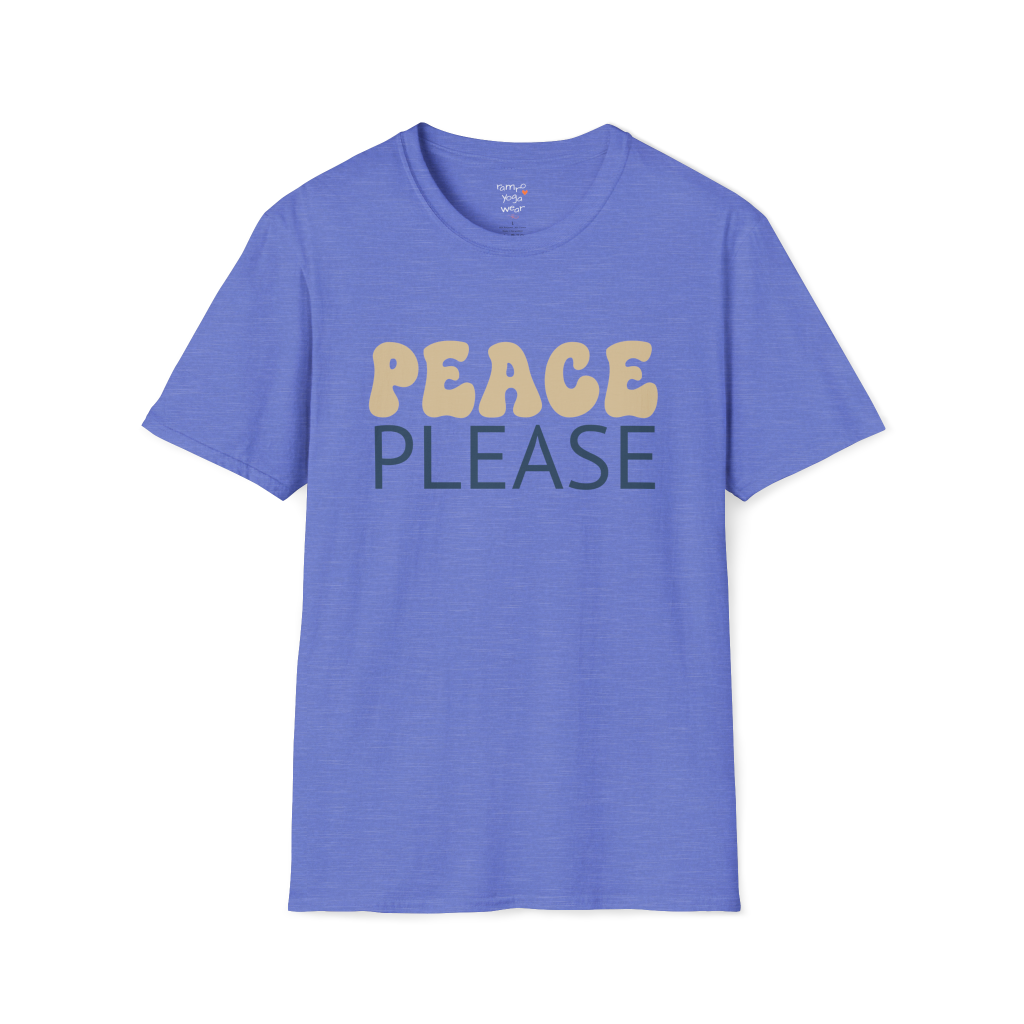 Wavy retro "Peace Please" typography design on Heather Royal tee — The Vault collection by Ramro Yoga Wear