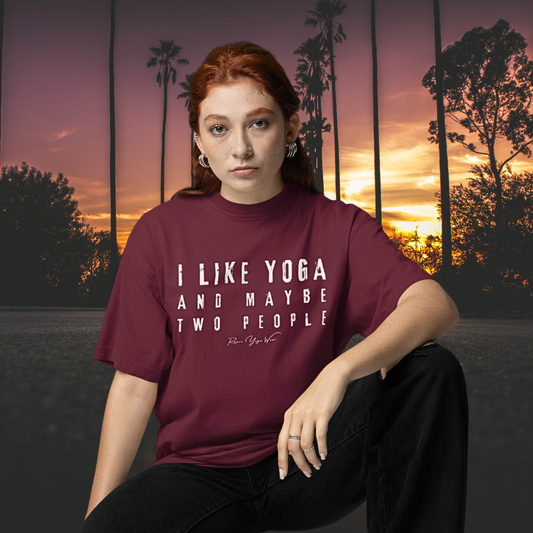 Woman wearing People Heather Cardinal funny yoga shirt at LA sunset with palm trees — Funny Yoga Shirts collection by Ramro Yoga Wear
