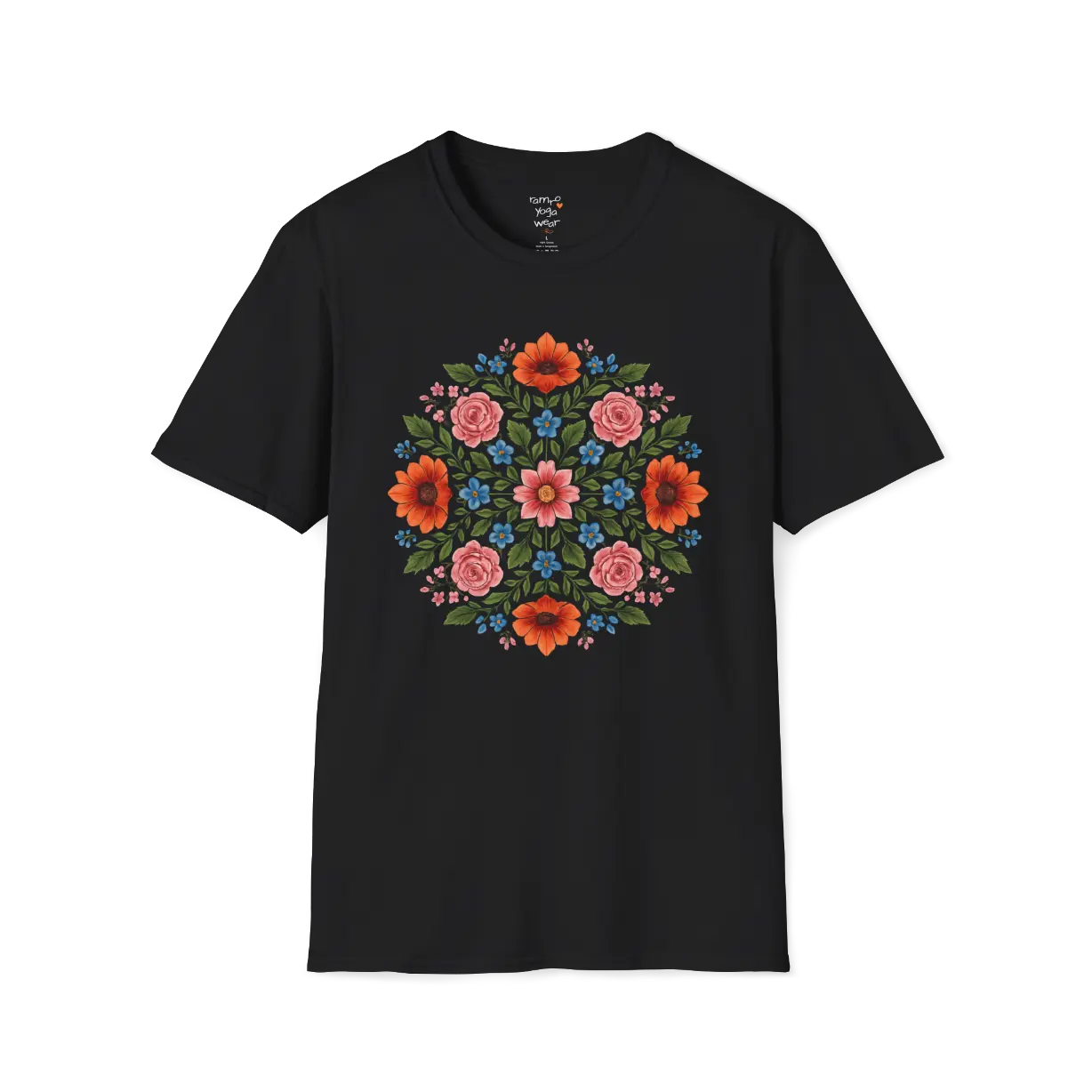 Petal Prism T-Shirt, floral mandala design — The Vault collection by Ramro Yoga Wear, Black.