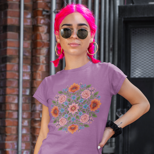 Petal Prism T-Shirt, floral mandala design — The Vault collection by Ramro Yoga Wear, Heather Radiant Orchid.
