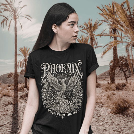 Ramro Yoga Wear Phoenix tee in Black — phoenix rising botanical vintage design, desert palm trees lifestyle shot