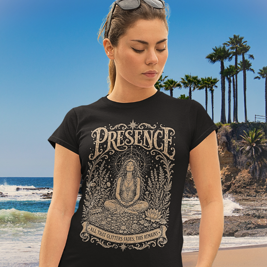Woman wearing Presence black sacred yoga shirt at the beach — Sacred Thread collection by Ramro Yoga Wear