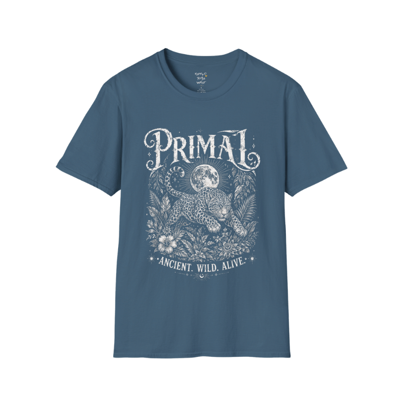 Indigo Blue Primal T-Shirt with cream vintage spiritual illustration and distressed primal-inspired graphic artwork.