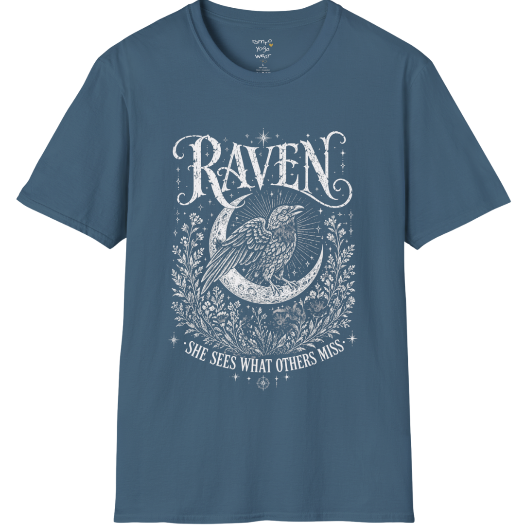 Indigo Blue Raven T-Shirt featuring vintage raven illustration with celestial accents and mystical boho-inspired artwork
