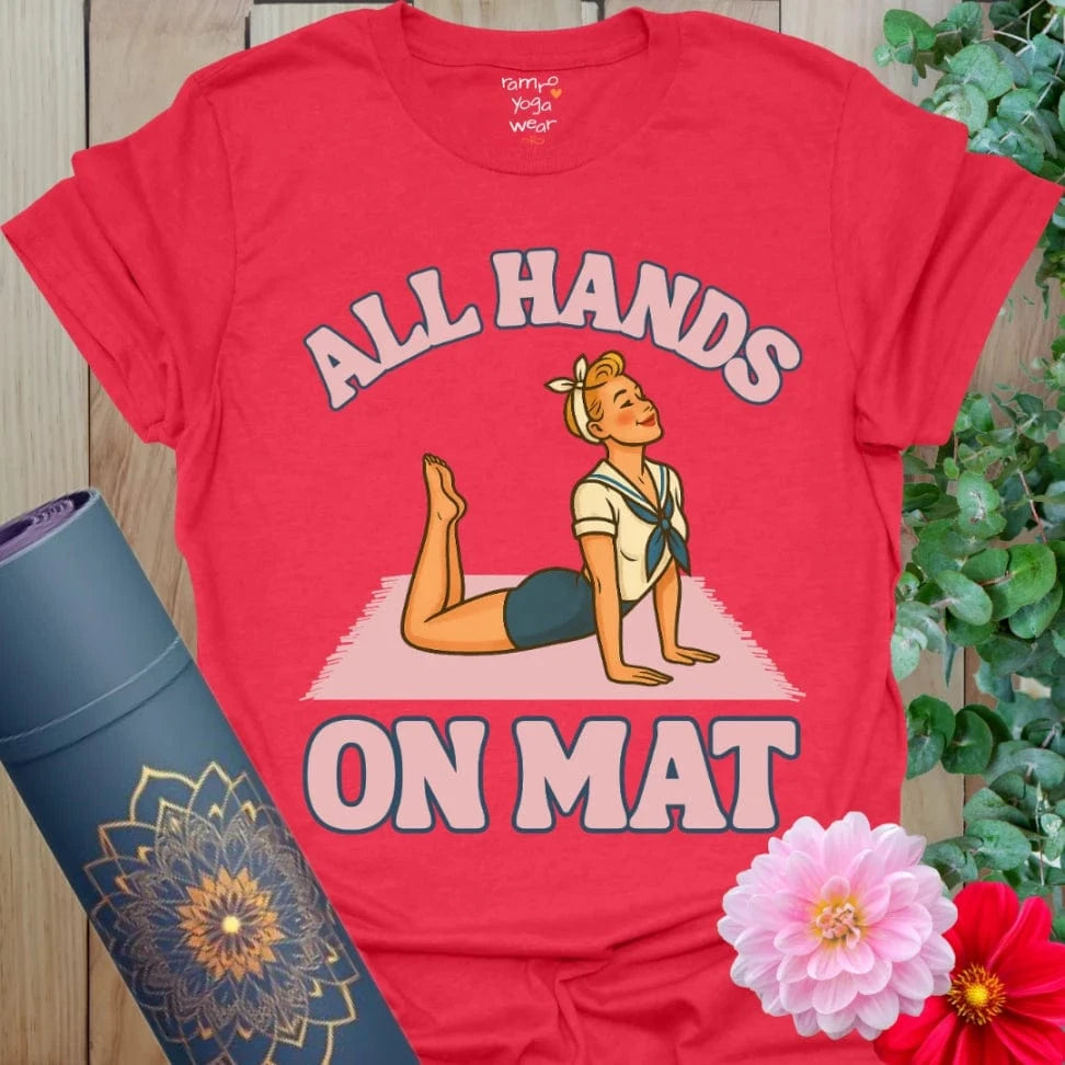 Bright red retro yoga t-shirt featuring fun pinup illustration in Cobra Pose, perfect for vintage lovers with a sense of humor.