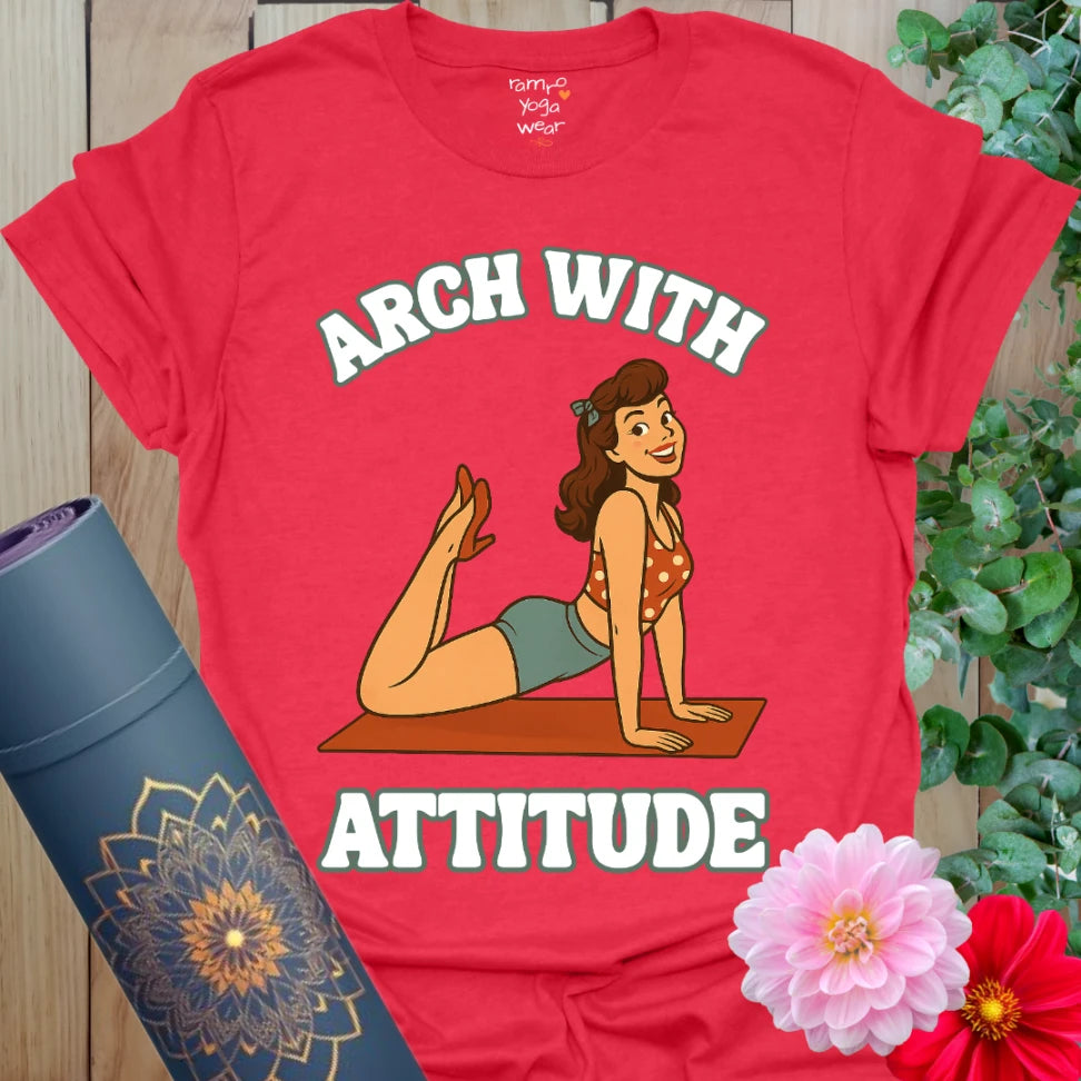 Vivid red retro yoga tee with cheeky pinup girl stretching in yoga backbend for fun, sassy flow.