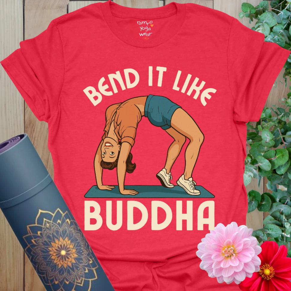 Bold red yoga t-shirt with sassy âBend It Like Buddhaâ design featuring a strong pinup yogi pose.