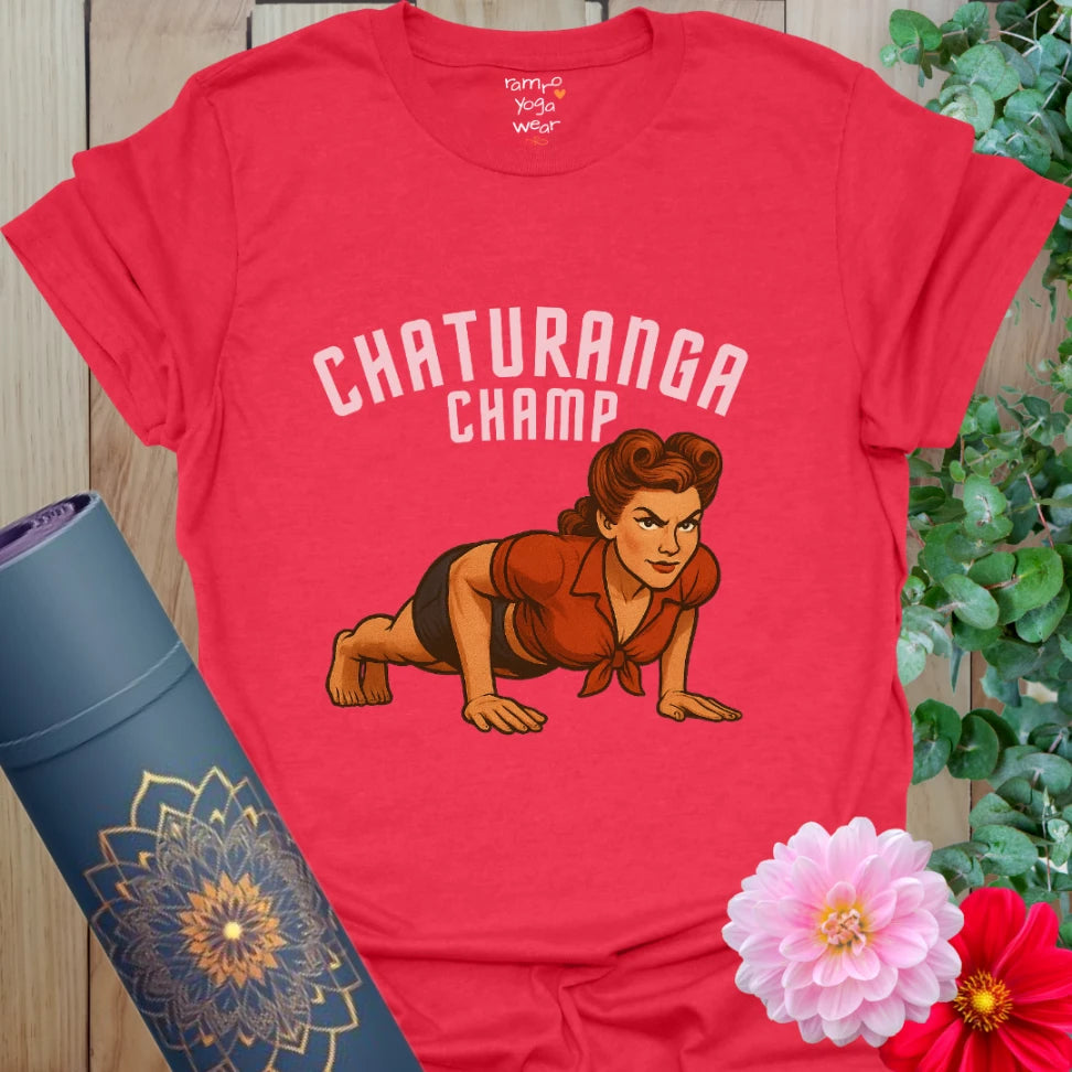 Vibrant red yoga tee with vintage chaturanga yogi design, perfect for fierce flow and fun streetwear.