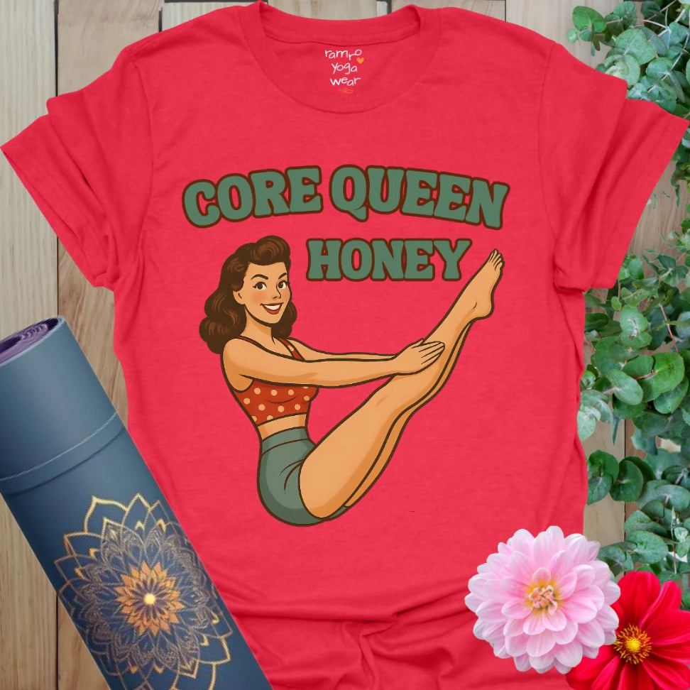 Bright red retro yoga t-shirt with a fun pinup girl in Boat Pose, perfect for strong, sassy, and soulful movement.