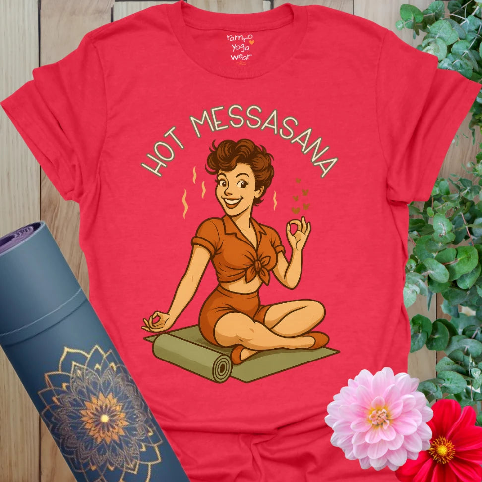 Bold red yoga t-shirt with a sassy pinup yogi design, perfect for hot yoga lovers and conscious streetwear.