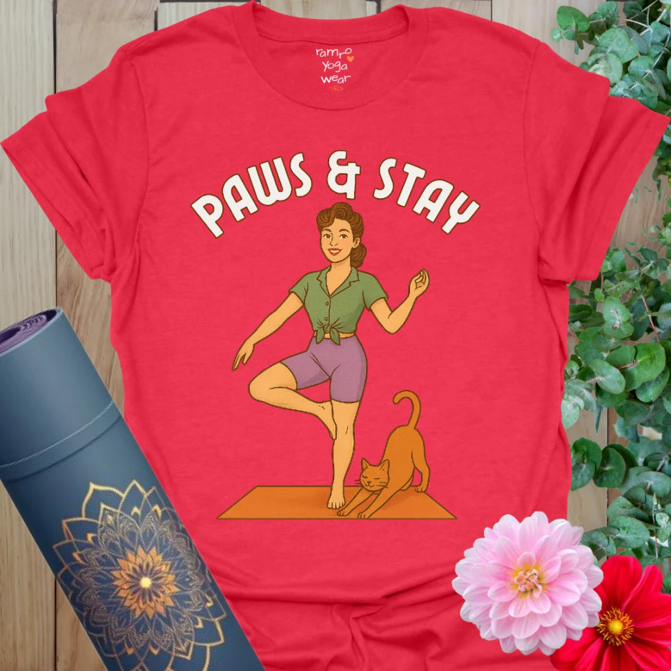 Bold red tee with pinup yogi and yoga cat illustration, perfect for feline fans who find peace in chaos.