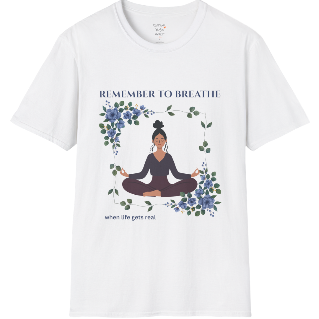 Remember To Breathe T-Shirt with meditating figure and botanical frame design — The Vault collection by Ramro Yoga Wear — White