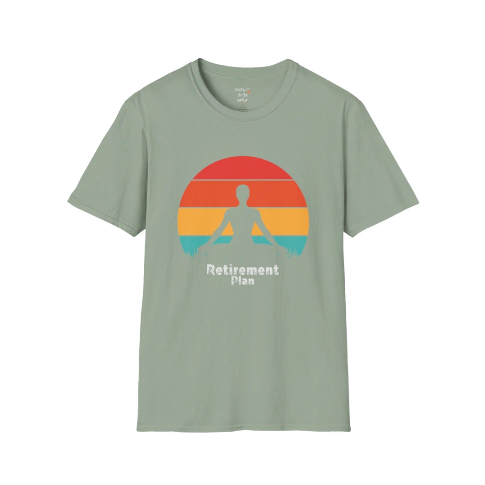 Sage Retirement T-Shirt with retro sunset yoga design. Calm, earthy tee for slow mornings and mindful movement.