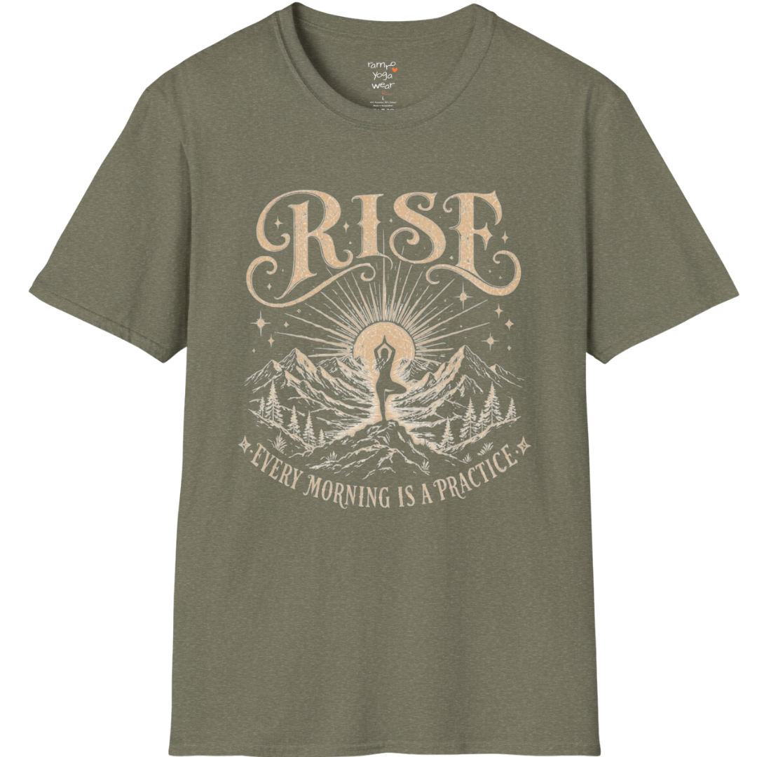 Heather Military Green Rise T-Shirt with mountain sunrise artwork and grounded yoga-inspired energy.