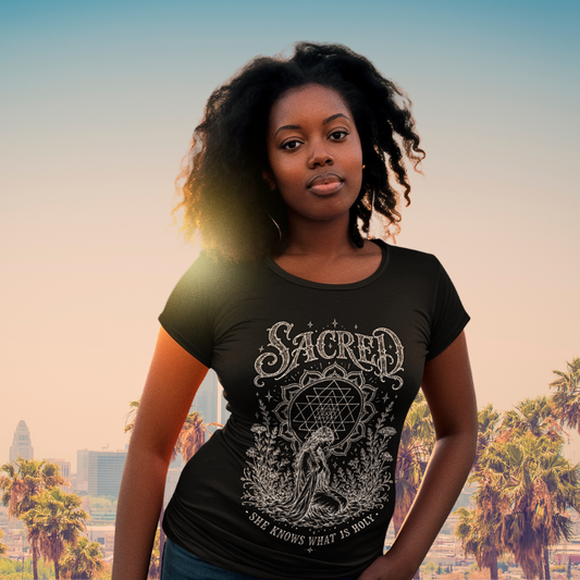 Woman wearing Sacred black yoga shirt against LA skyline at golden hour — Sacred Thread collection by Ramro Yoga Wear