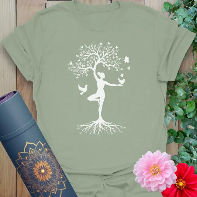 Green Ascend T-Shirt with soft fabric and symbolic yoga tree pose graphic
