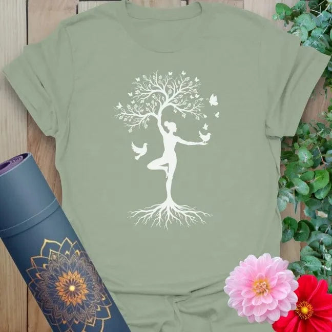 Green Ascend T-Shirt with soft fabric and symbolic yoga tree pose graphic