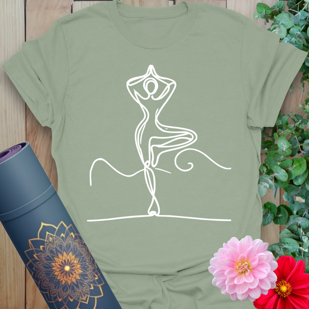 Sage green yoga shirt with single-line balancing yogi silhouette