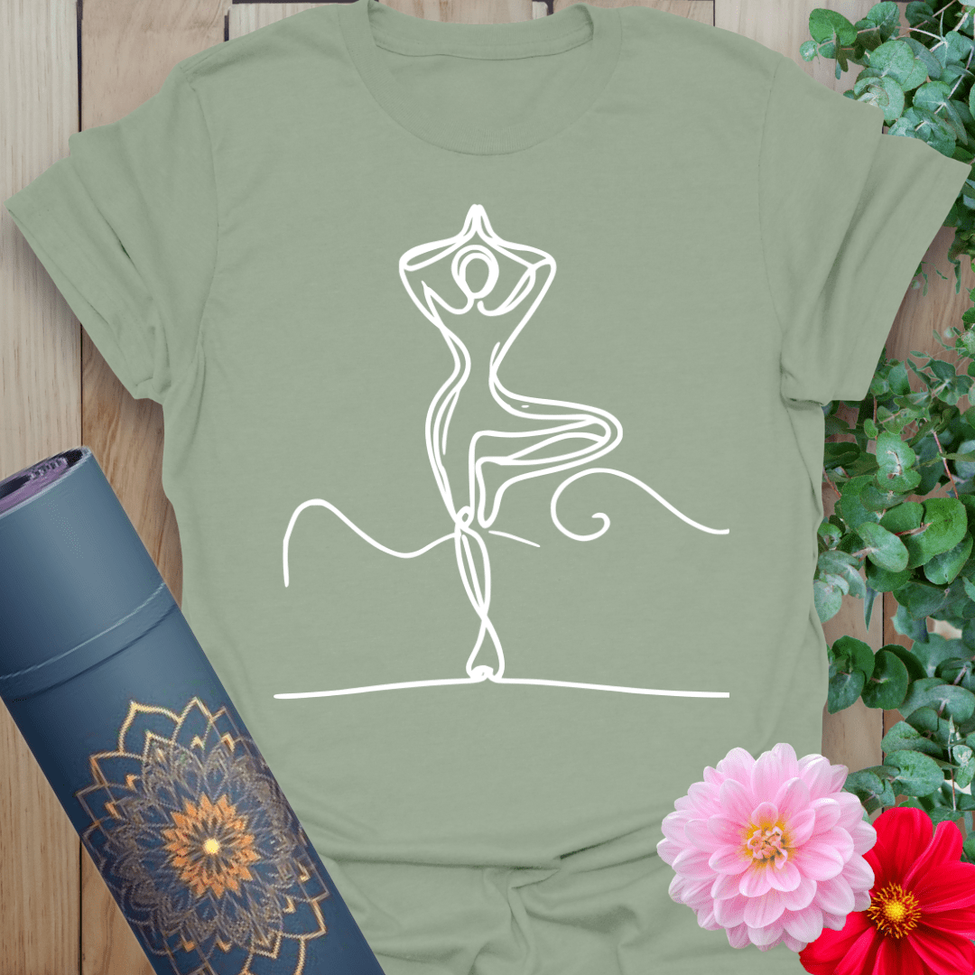 Sage green yoga shirt with single-line balancing yogi silhouette