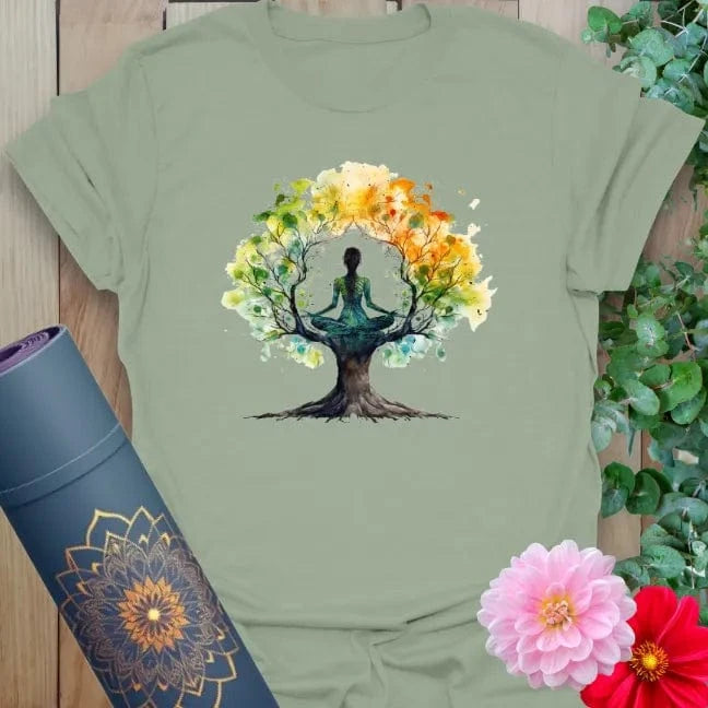 Green Be Free T-Shirt with meditating yogi inside tree of life for peaceful yoga living