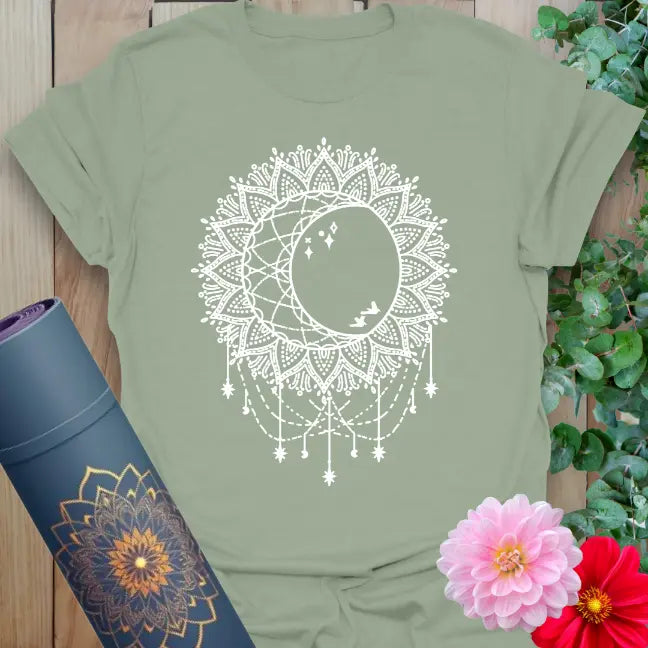 Sage green yoga shirt with celestial mandala and spiritual moon phase print