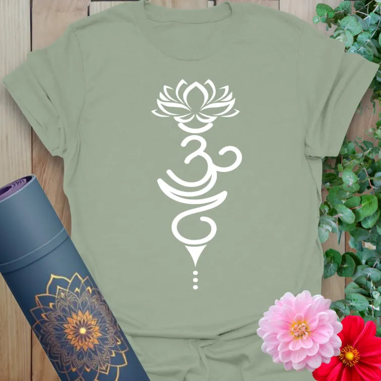 Sage green t-shirt with centered Om lotus design for spiritual flow