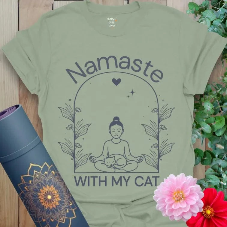 Sage Cat Nap T-Shirt featuring a meditating figure with a cat on their lap and “Namaste With My Cat” text.