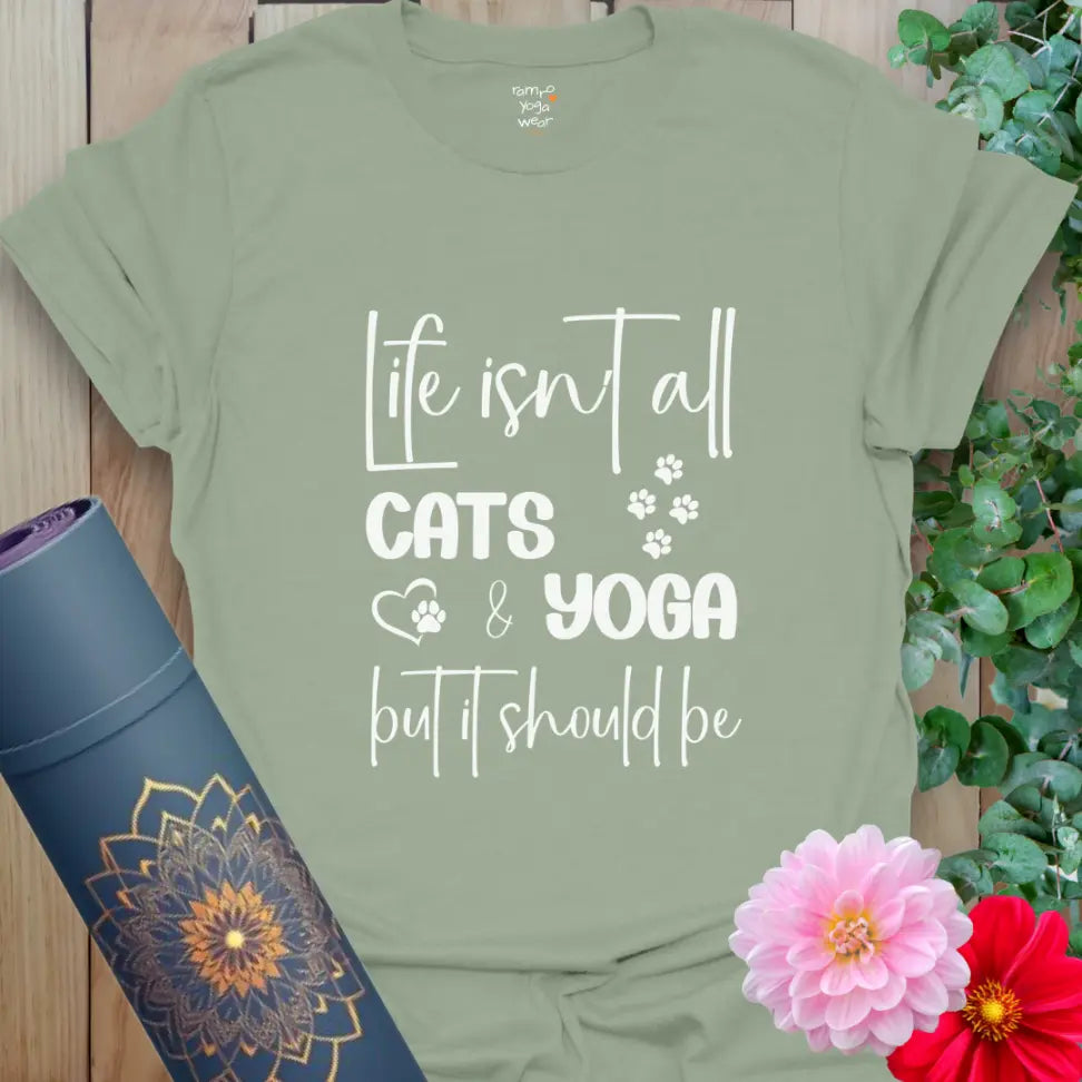 Sage Cat Yoga T-Shirt with crisp white paw prints and heart motif. Relaxed yoga wear for cat lovers.