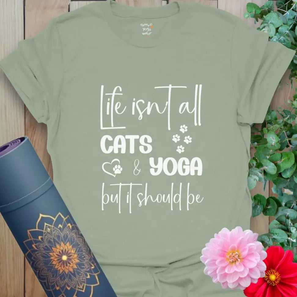 Sage Cat Yoga T-Shirt with crisp white paw prints and heart motif. Relaxed yoga wear for cat lovers.