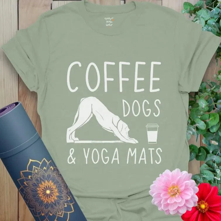 Sage Coffee Dogs T-Shirt with text slogan. A dog yoga tee for mindful mornings with coffee.