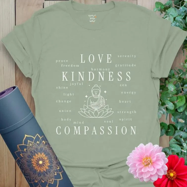 Sage green tee with Buddha lotus illustration and uplifting words for mindfulness and harmony.