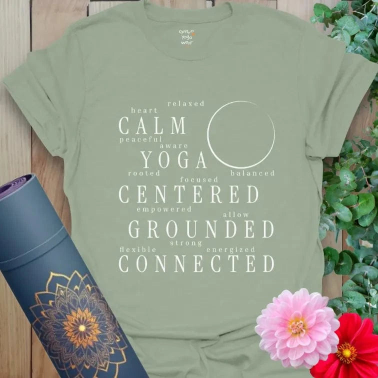 Sage Connected T-Shirt with yoga mantra text. Soft cotton shirt for staying grounded and centered.