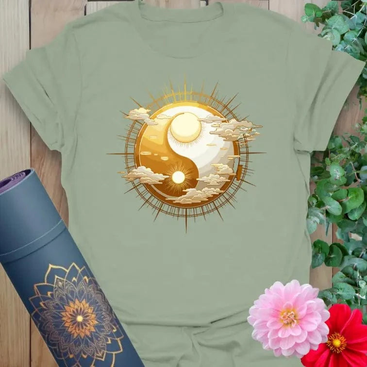 Sage green yoga shirt with golden yin-yang and spiritual sky-inspired design