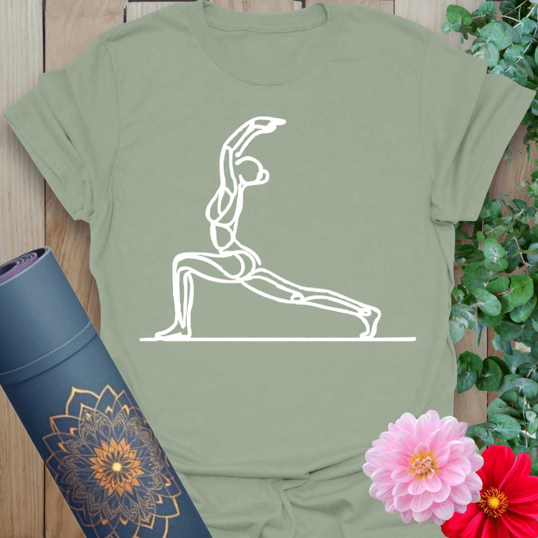 Sage green yoga tee featuring centered crescent lunge line drawing for mindful movement