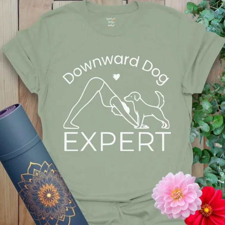 Sage Dog Expert T-Shirt with yogi and dog design. Lighthearted yoga shirt for everyday wear.
