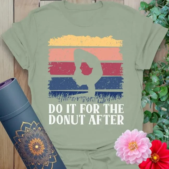 Sage green yoga t-shirt with playful donut reward mantra and retro color bands