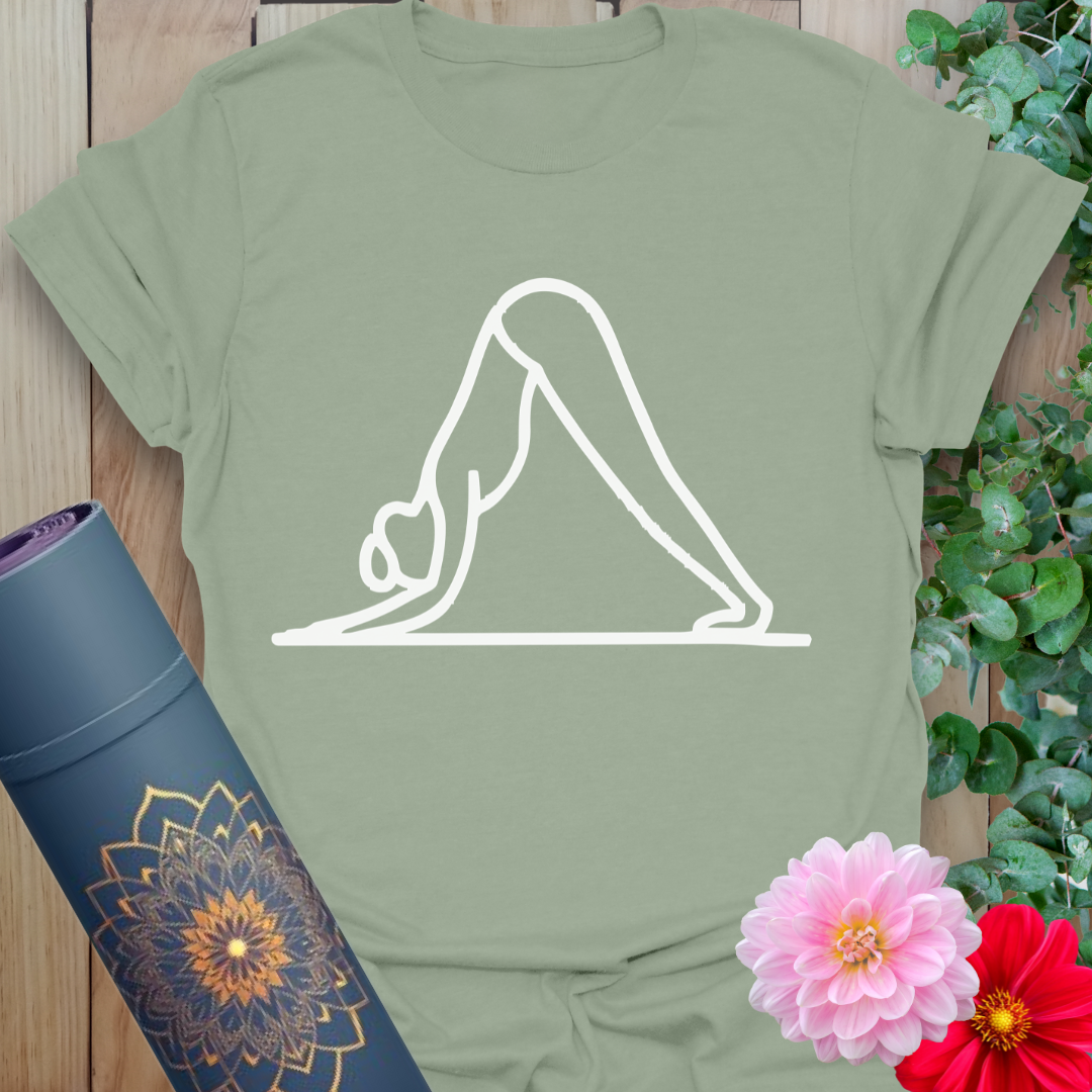 Sage green yoga t-shirt with minimalist downward-facing dog illustration and soft cotton feel