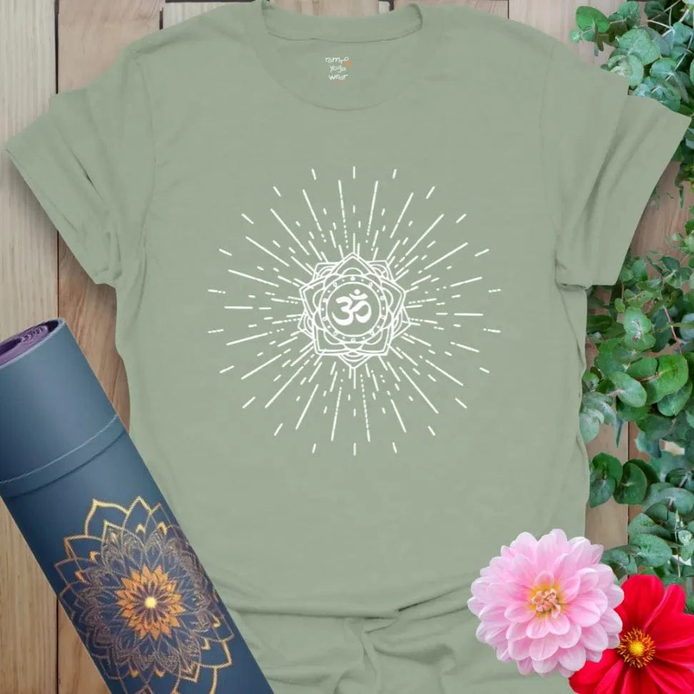 Sage green Echo of Om T-Shirt featuring spiritual OM vibration graphic