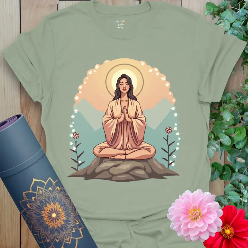 Calm sage green yoga t-shirt featuring peaceful meditation scene with flowers and rising sun for grounded living.
