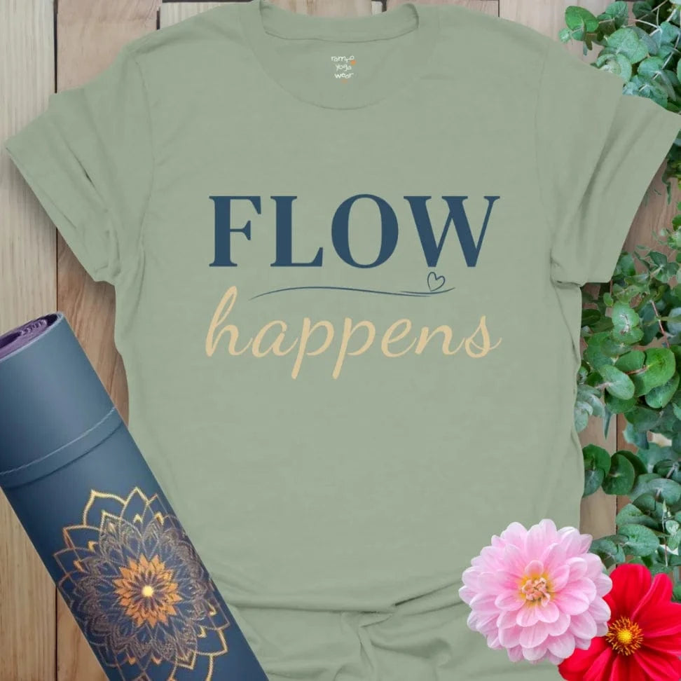 Sage Flow Happens T-Shirt with elegant linework and relaxed tone. Ideal for soft flow, breathwork, and spiritual streetwear.