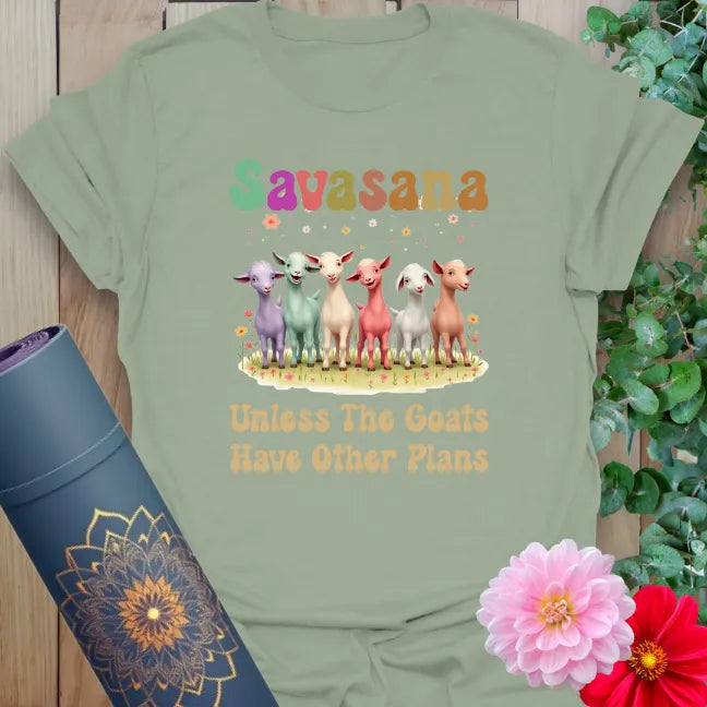 Calm sage green yoga t-shirt featuring lineup of colorful goats and humorous mindful yoga quote for joyful movement.