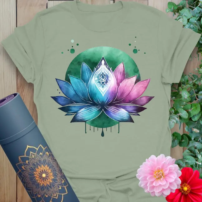 Calm sage green yoga t-shirt featuring vibrant lotus and green circle artwork symbolizing resilience, balance, and mindful living.