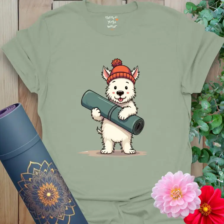 Sage Hamish T-Shirt with a Westie carrying a yoga mat in a calm and mindful character design.